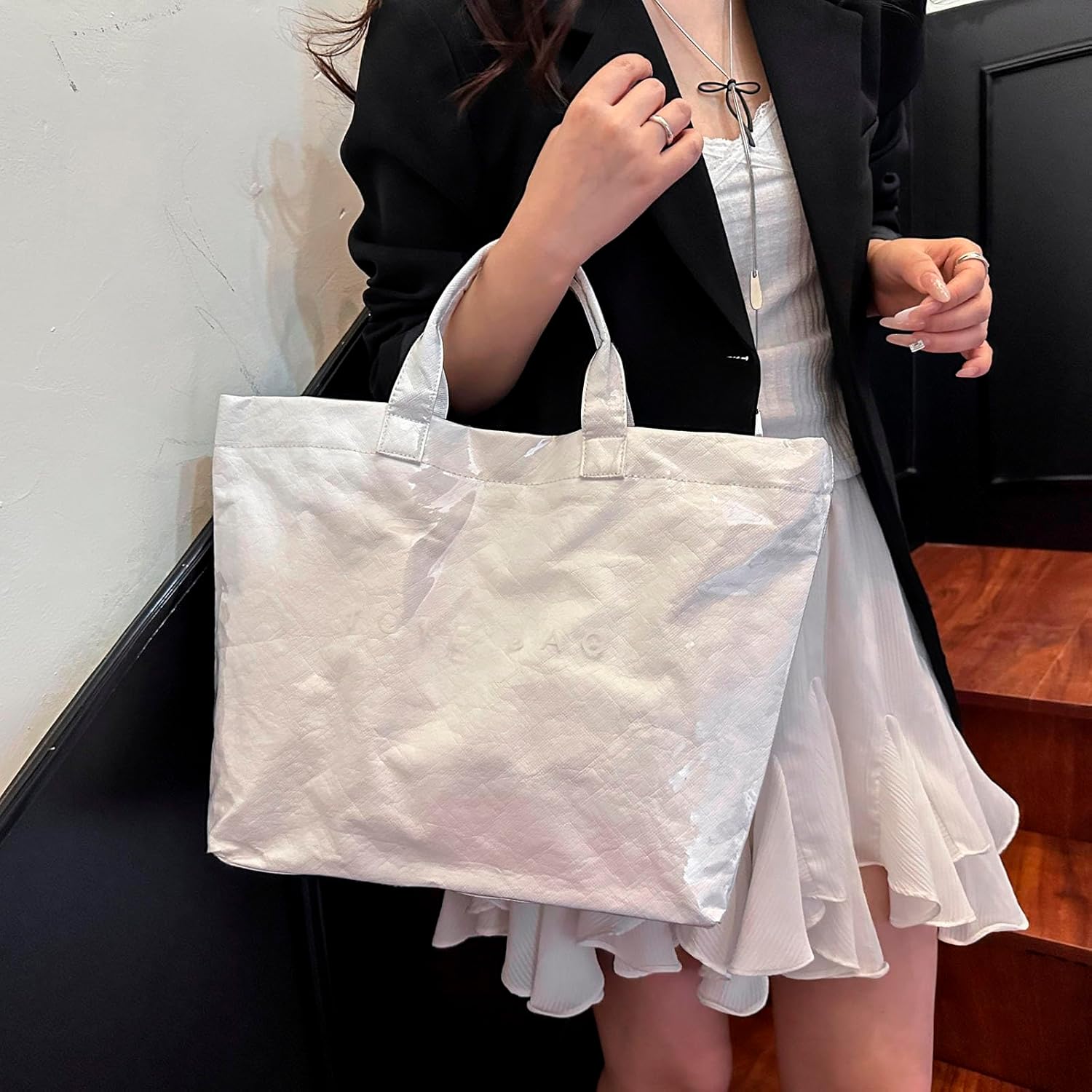 Tote Bags for Women Letters Print Handbags Paper Shoulder Bag Clear Shopping Hobo Bag - Image 4