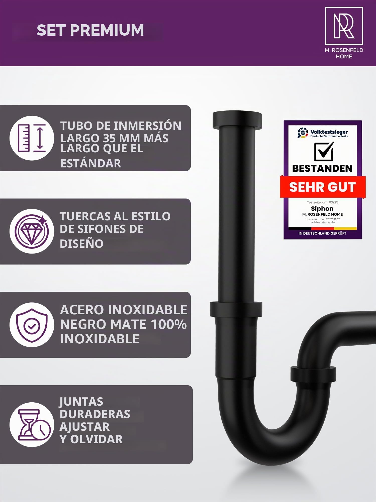 Desagüe de lavabo con rebosadero, sifón negro, Pop Up + Sifón universal de tubo para lavabo, cierre de olor de latón M. ROSENFELD HOME