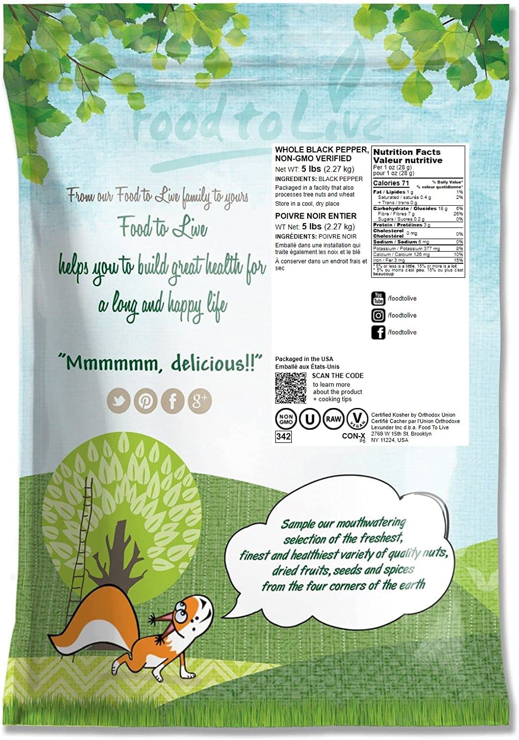 Food to Live Whole Black Pepper, 5 Pounds – Dried Peppercorns, Kosher, Vegan, Bulk Spice. Strong Pungent Flavor. Rich in Minerals. Great for Spicing, Seasoning. Perfect for Grinder Refill