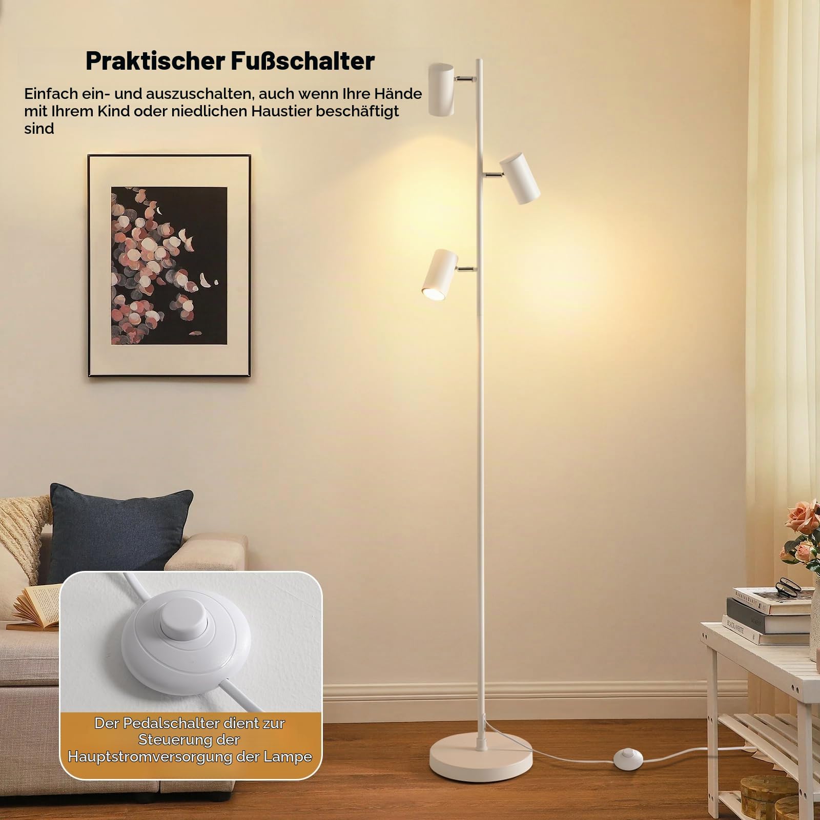 Stehleuchte Luvio 3-flammig GU10 | Milchweiß, Minimalistisches Design, Verstellbare Strahler | Ideal für Wohnzimmer, Schlafzimmer und Home-Office