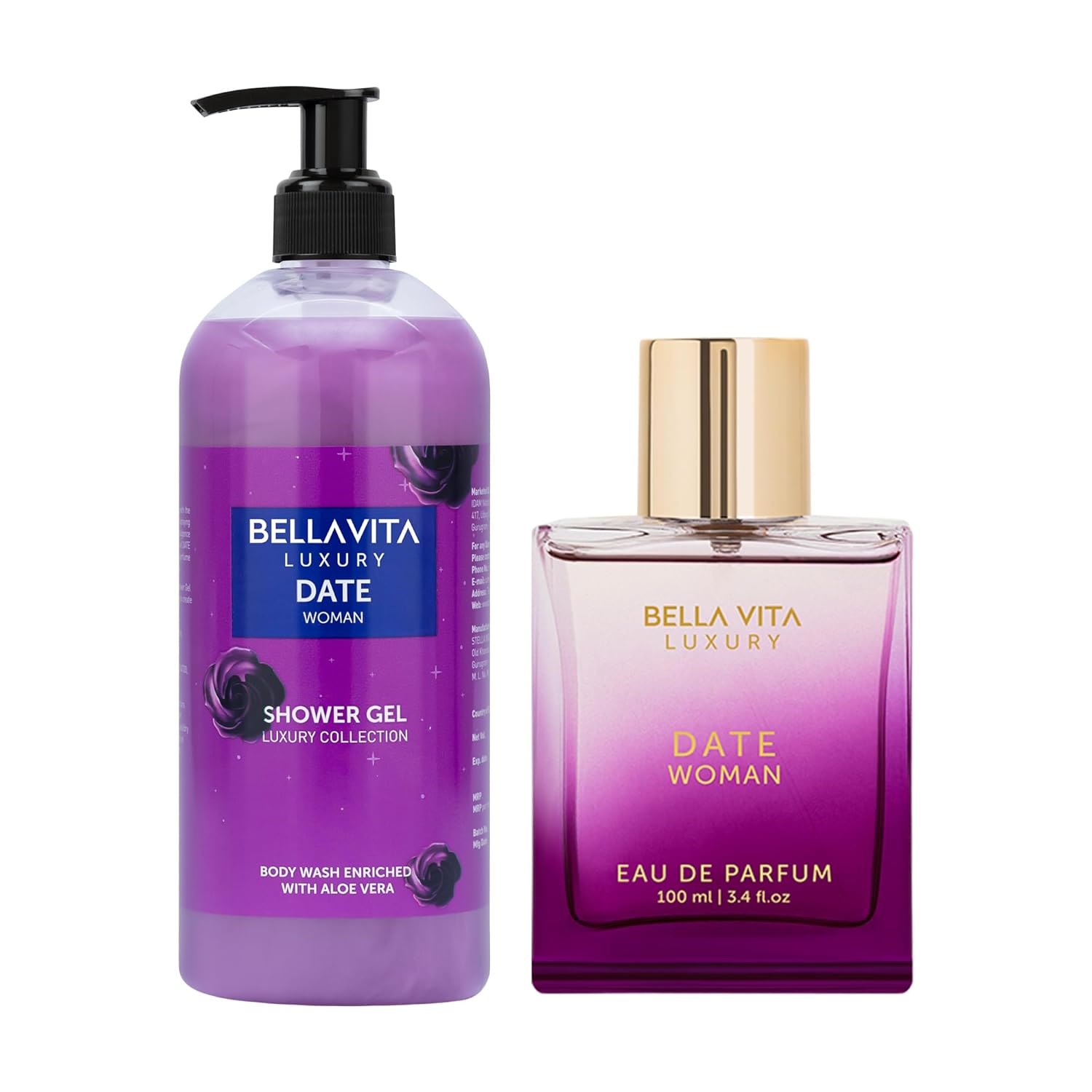 BellaVita Luxury Date Perfume & Body Wash Combo for Women | Eau De Parfum with Pink Pepper, Red Fruits & Jasmine (100ml) + Sensual Warm Shower Gel with Aloe Vera (500ml) | Fruity, Spicy, Long-Lasting