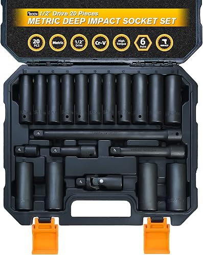 Miniatura 2 de BOEN Juego de 32 piezas SAE y métricas de impacto profundo de 1/2 pulgada, revestimiento de fosfato negro, diseño de 6 puntos, cumple con las normas