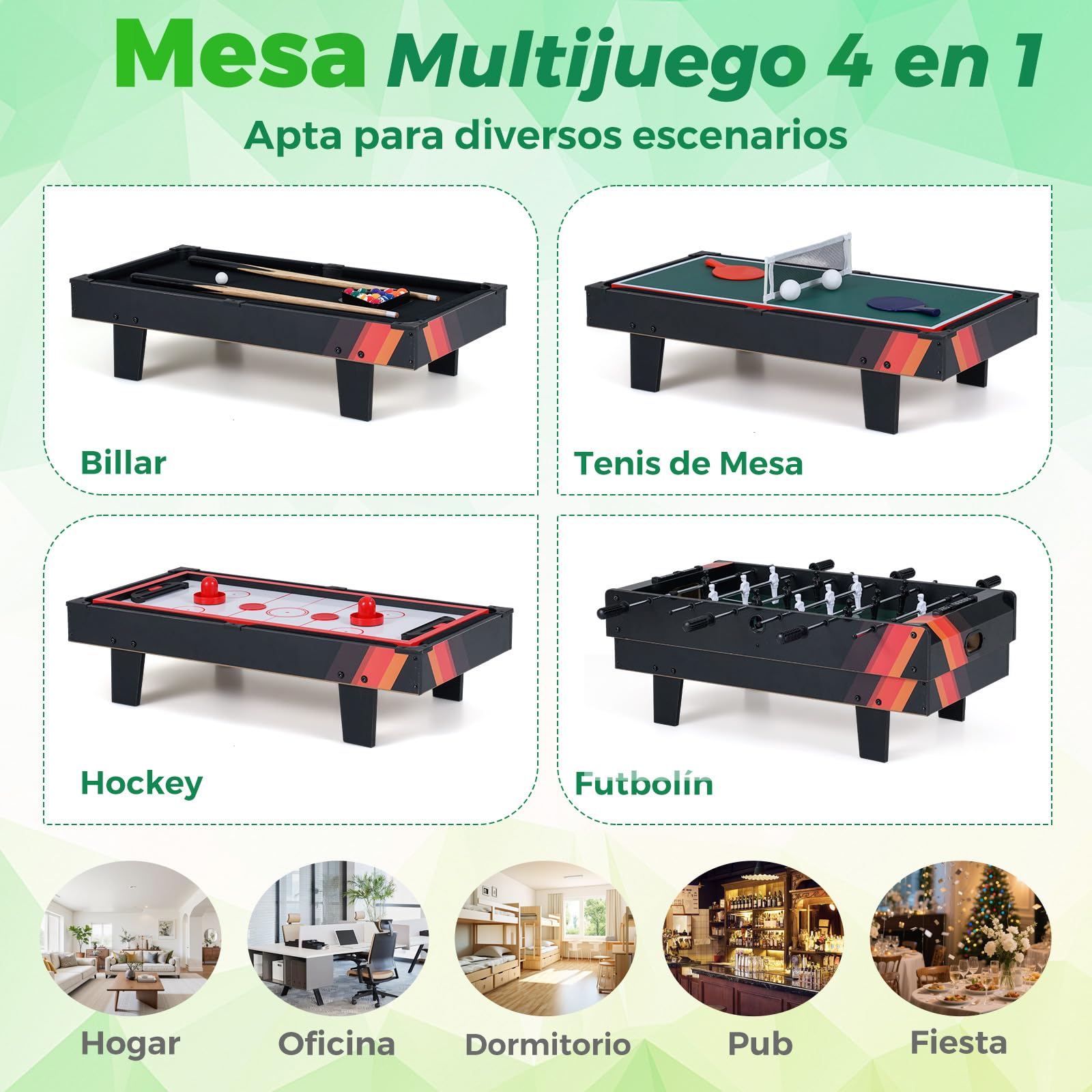 GOPLUS Mesa Multijuegos Combinada 4 en 1 con Futbolín, Mesa de Juegos Multifuncional con Accesorios, Tableros Apilables para Billar, Hockey de Aire, Tenis de Mesa, para Hogar Bar Fiesta