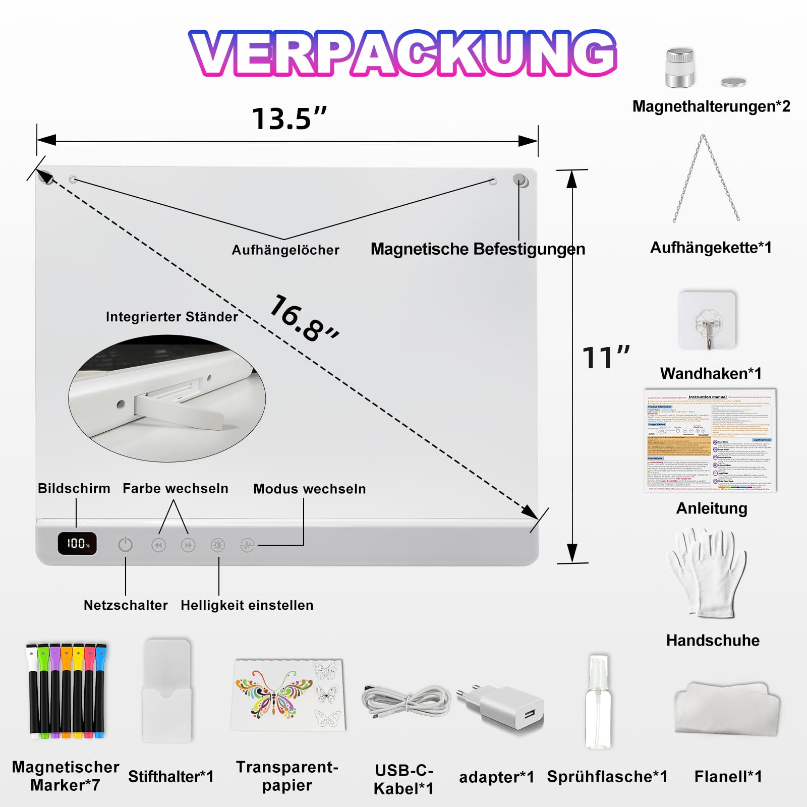 LED Zeichenbrett Kinder, Wiederaufladbare Leuchttafel mit 13 Lichtmodi, Kreatives Lernspielzeug für Mädchen Jungen 4-8 Jahre, 35 x 25 cm LED Maltafel mit Klappständer & Neon Stiften