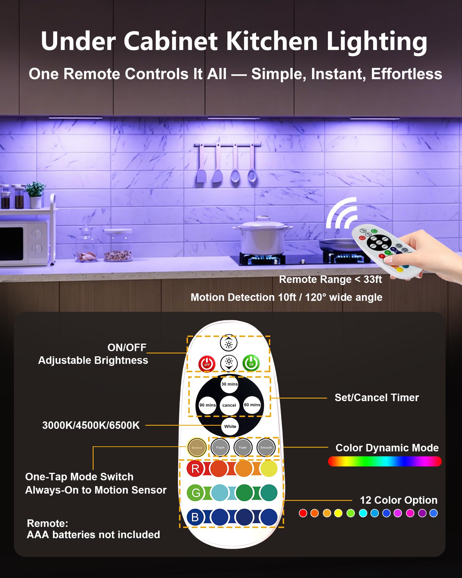 SZOKLED 58 luces LED para debajo del gabinete, inalámbricas, con sensor de movimiento RGB, luces nocturnas con control remoto, 1100 mAh, luces magnéticas debajo del gabinete para cocina, estante