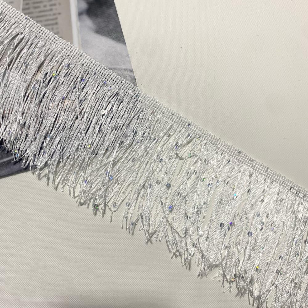 Yalulu 10 Yards Latin Fringe Tassel Trimming, 10cm Sequins Fringe Trim Sewing Tassel Trim for Latin Dance Dress DIY (White)