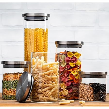Set of 5 Glass Kitchen Canisters with Airtight Stainless-Steel Lid - Dishwasher Safe, Storage Jars for Kitchen, Bathroom & Pantry Organization, Ideal for Flour, Sugar, Coffee, Cookie Jar, Candy, Snack