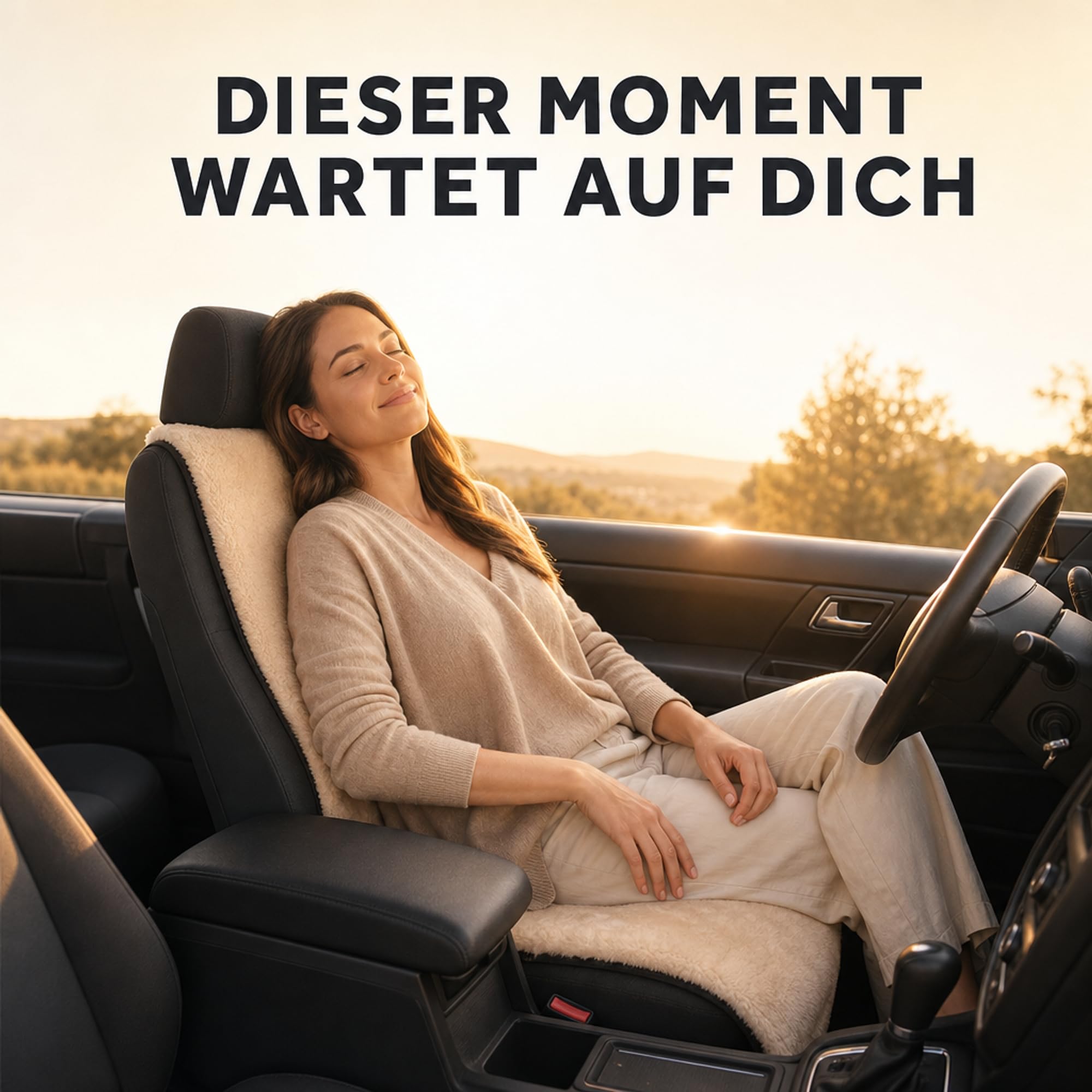 Lammfell Autositzauflage für PKW – Atmungsaktiv für Sommer und Winter – 36 x 135 cm, Universelle Passform (Beige)