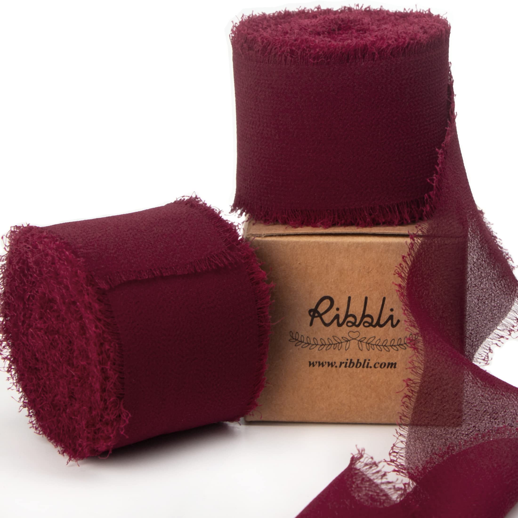 Ribbli Burgundy Chiffon Ribbon 1-1/2 inch x 20 Yard Handmade Fringe Chiffon Silk Ribbon,Black Ribbon for Wedding Invitations, Bridal Bouquets Wrapping