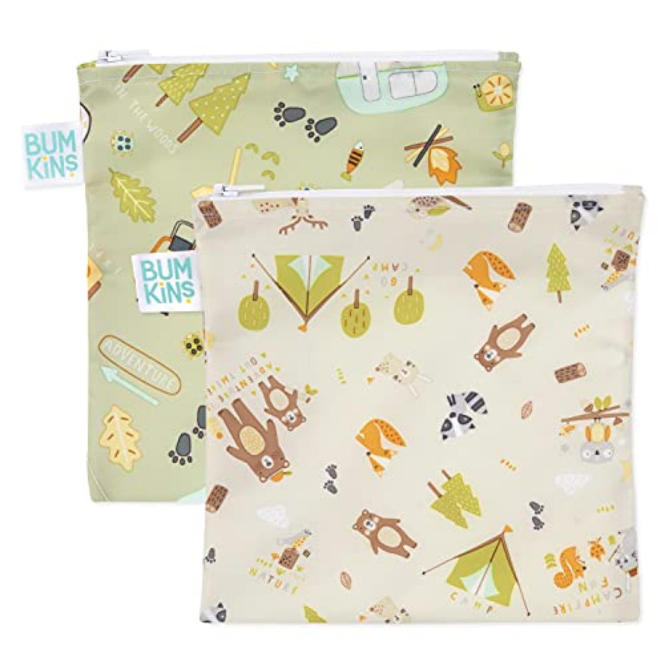 Bumkins Sandwich Bag / Snack Bag, Reusable Fabric, Washable, Food Safe, BPA Free, 7x7 - Camp Friends & Camp Gear (2-Pack)