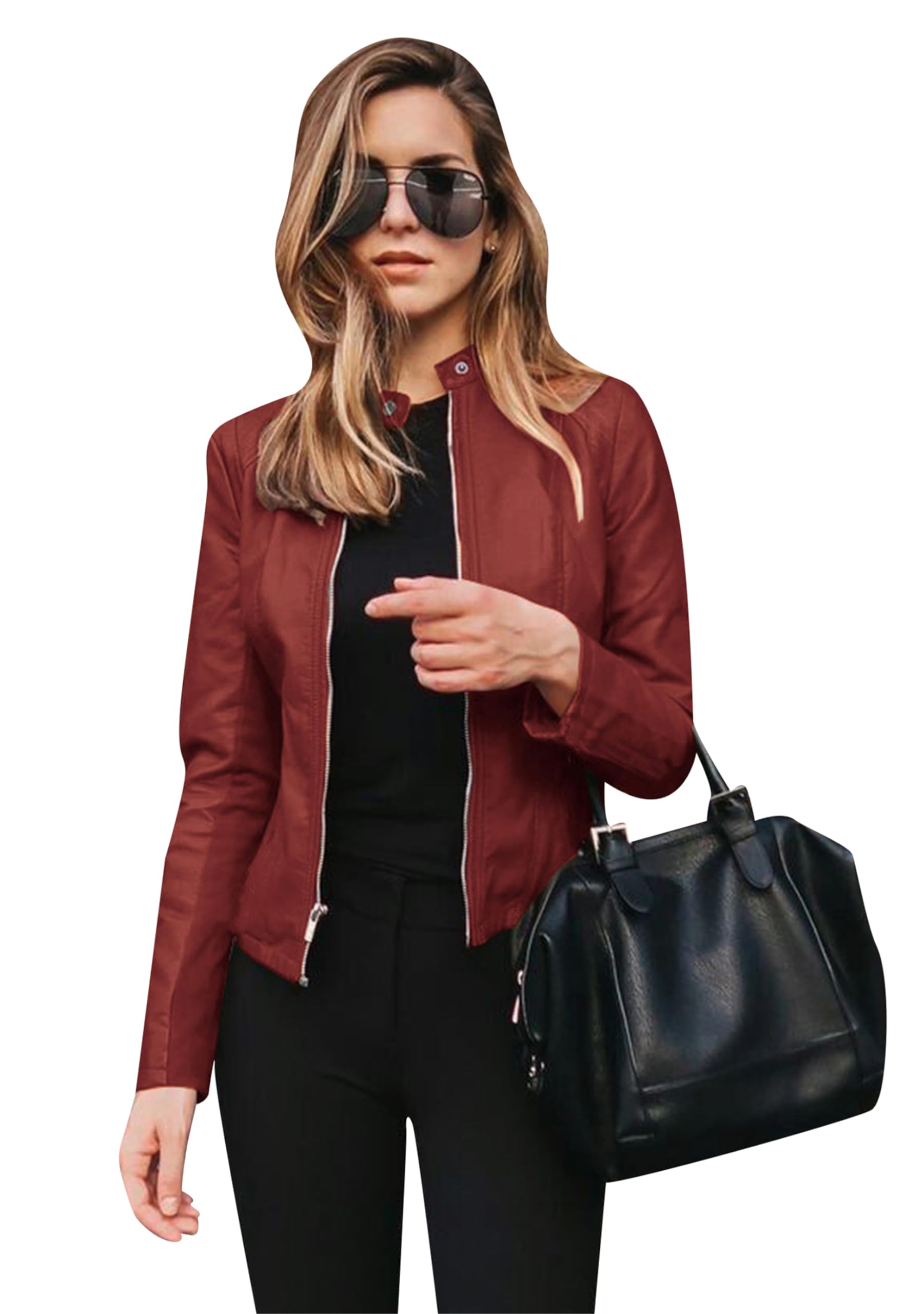 Womens Long Sleeve Fall Jacket Zipper Solid Color Blazer Casual Faux Leather Coat