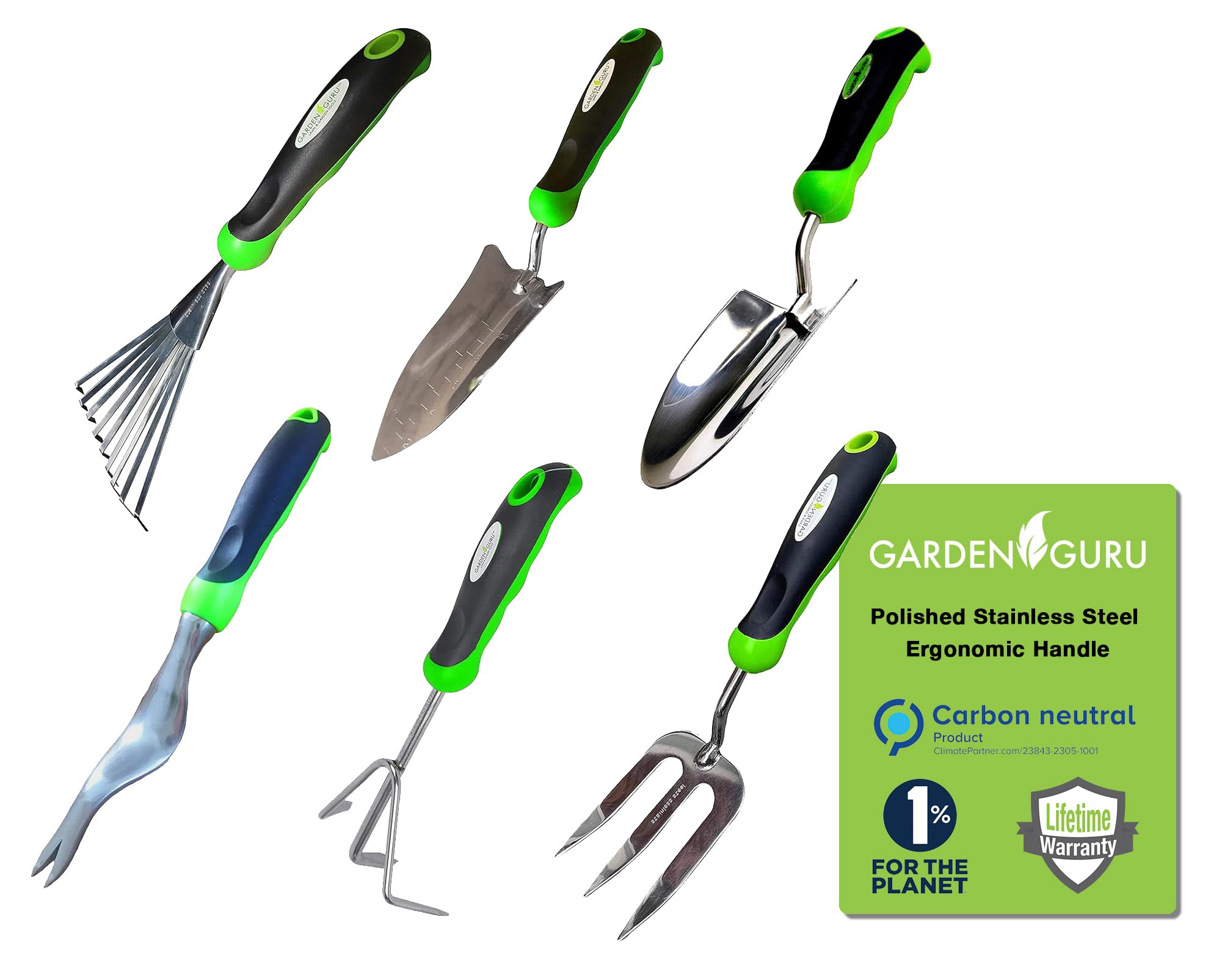 Herramientas de jardinería Garden Guru: Juego de 6 herramientas de jardinería: paleta, trasplantador, desmalezador, horquilla, rastrillo y cultivador. Acero inoxidable resistente. Mango ergonómico y