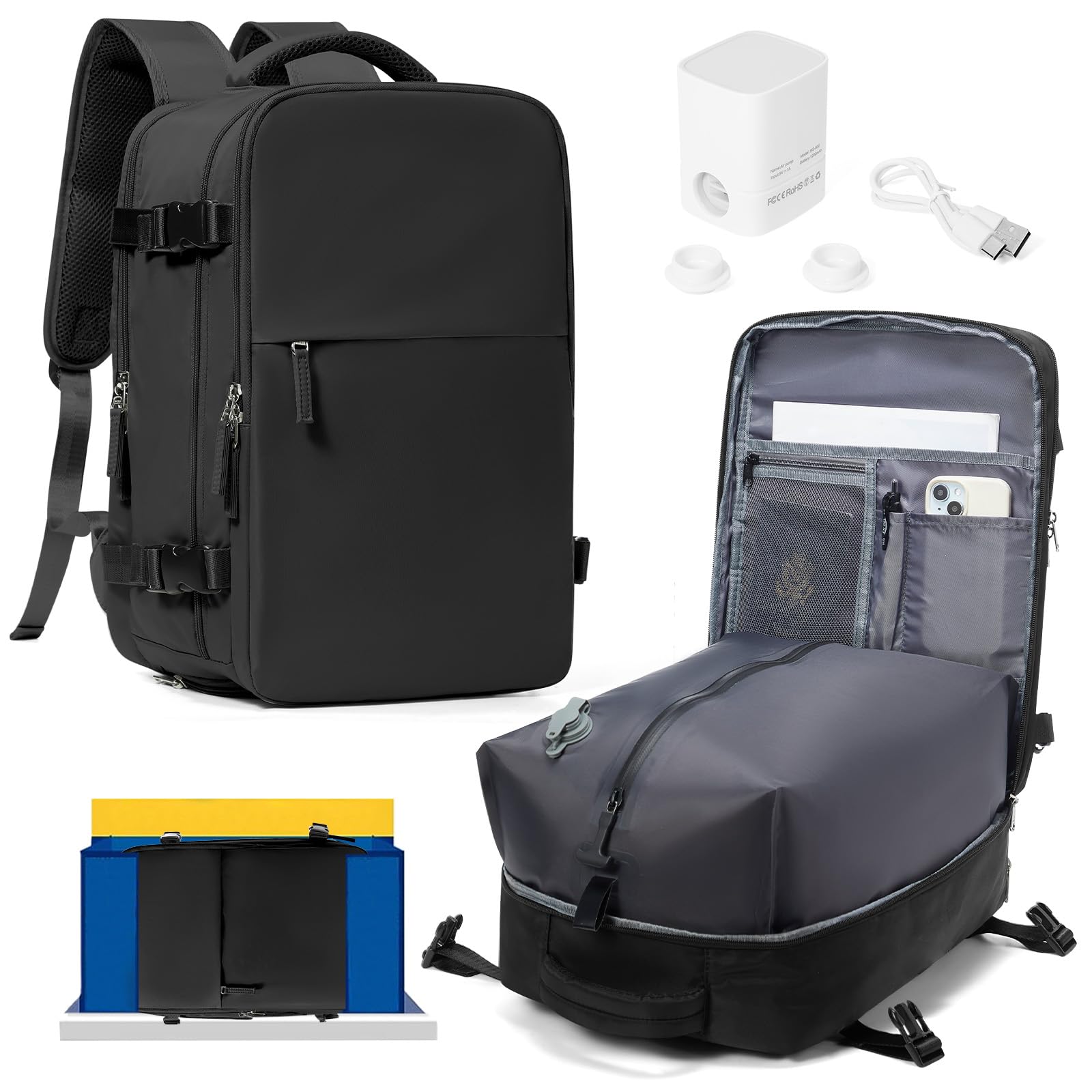 HPLQQ Borsa da Cabina per Ryanair 40x30x20 Zaino Sottovuoto da Viaggio con Pompa Aereo Bagaglio a Mano per Easyjet Impermeabile Lavoro e Scuola Trekking Casual Daypack per 14" laptop,C01-Nero