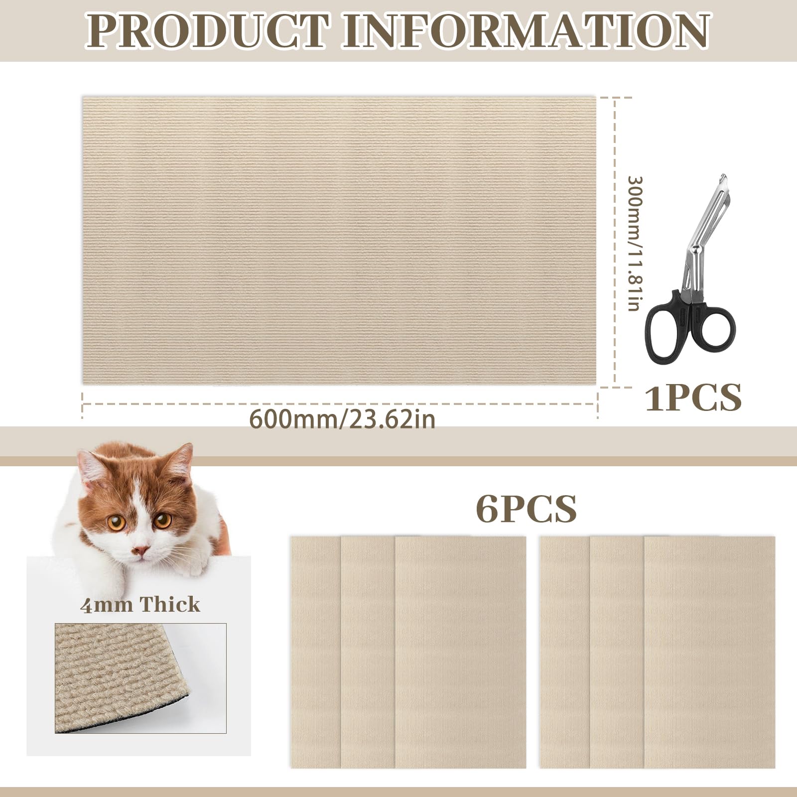 Tappetino Tiragraffi Per Gatti Autoadesivo - 5 Pezzi 30x60 Cm, Ritagliabile Per Mobili - Foto 4