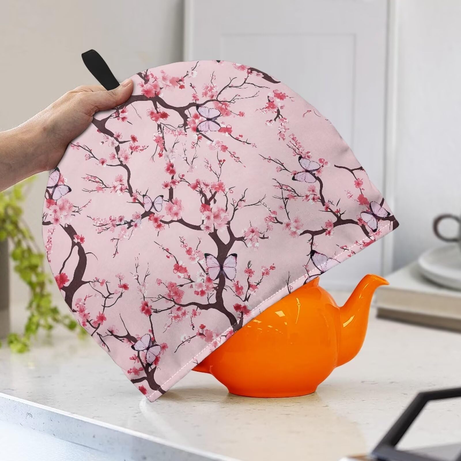 Qehuruxo Peach Blossom Print Tea Cosy for Teapot Insulated Kettle Cover Portable Tea Pot Cover for Party Portable Tea Pot Cover Teapot Cozie with Top Hand Teapot Cozy