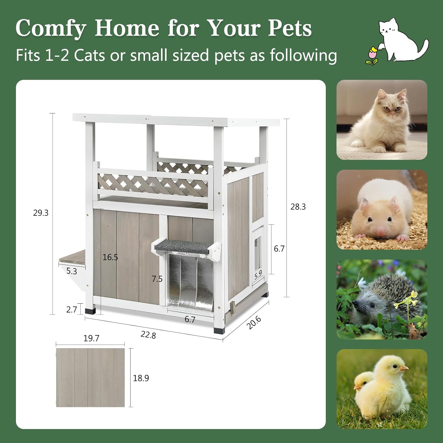 PetsCosset Outdoor Cat House 2 Story Wooden Houses for Outside Feral Cats Weatherproof Indoor Cat Condo with Large Balcony 2 Escape Doors to Enhanced Safety, Easy Slide Bottom, Simple Assembly
