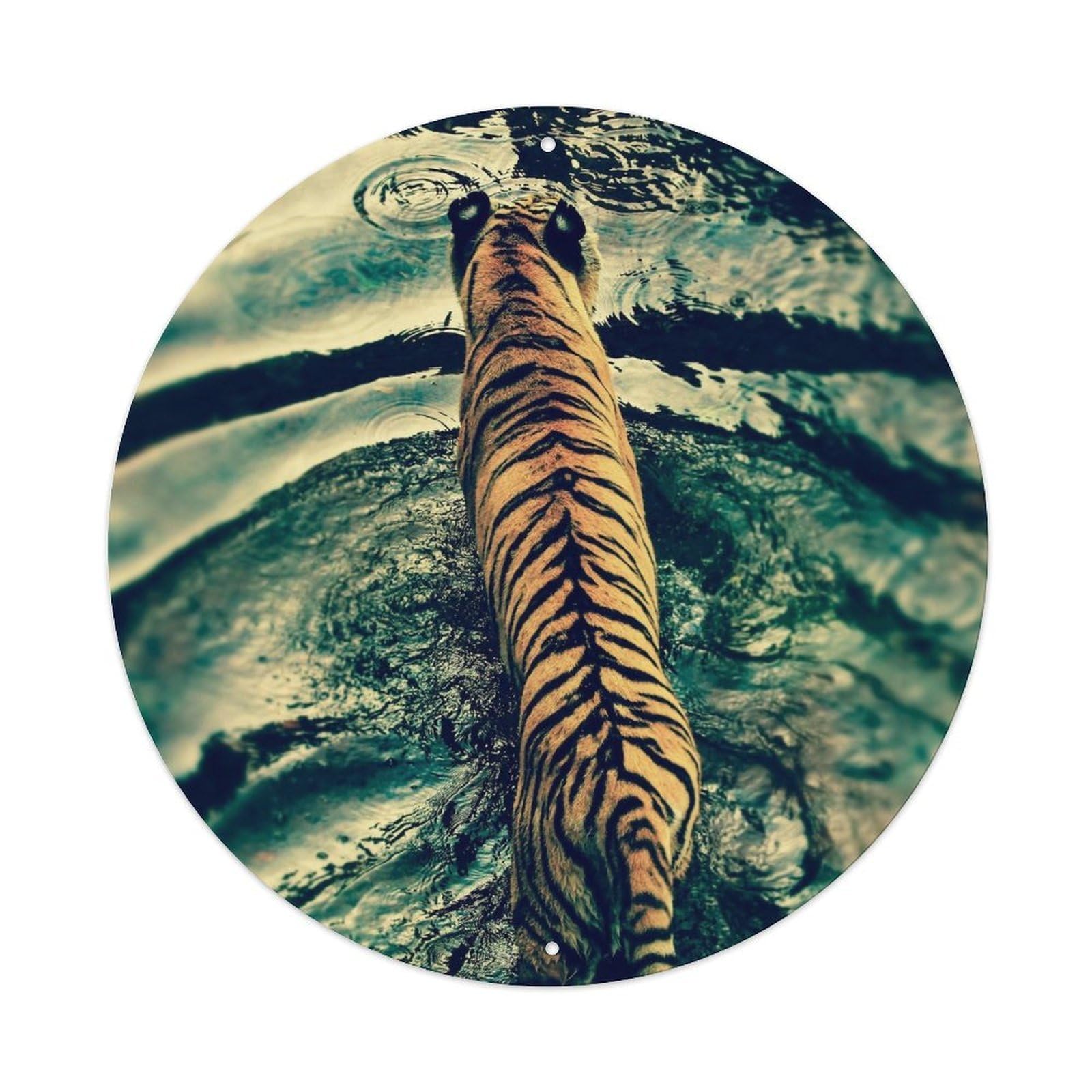 Cwbufd Vintage Style Vintage Animal Bengal Tiger Drinking Water Jungle Scene Retro Wildlife Vintage Metal Tin Sign Plaque Wall Decor For Cafe, Club Bar, Office, Garden Metal Poster 8X8inch