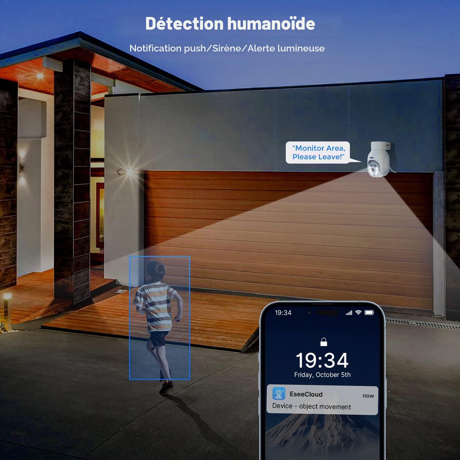 Hiseeu 2K PTZ Caméra de Surveillance WiFi, PTZ Caméra IP Vision Nocturne Couleur Détection Humaine Suivi Automatique 355° 90°,Son d'Alarme Audio Bidirectionnel Carte SD, Kit Compatible, IP66