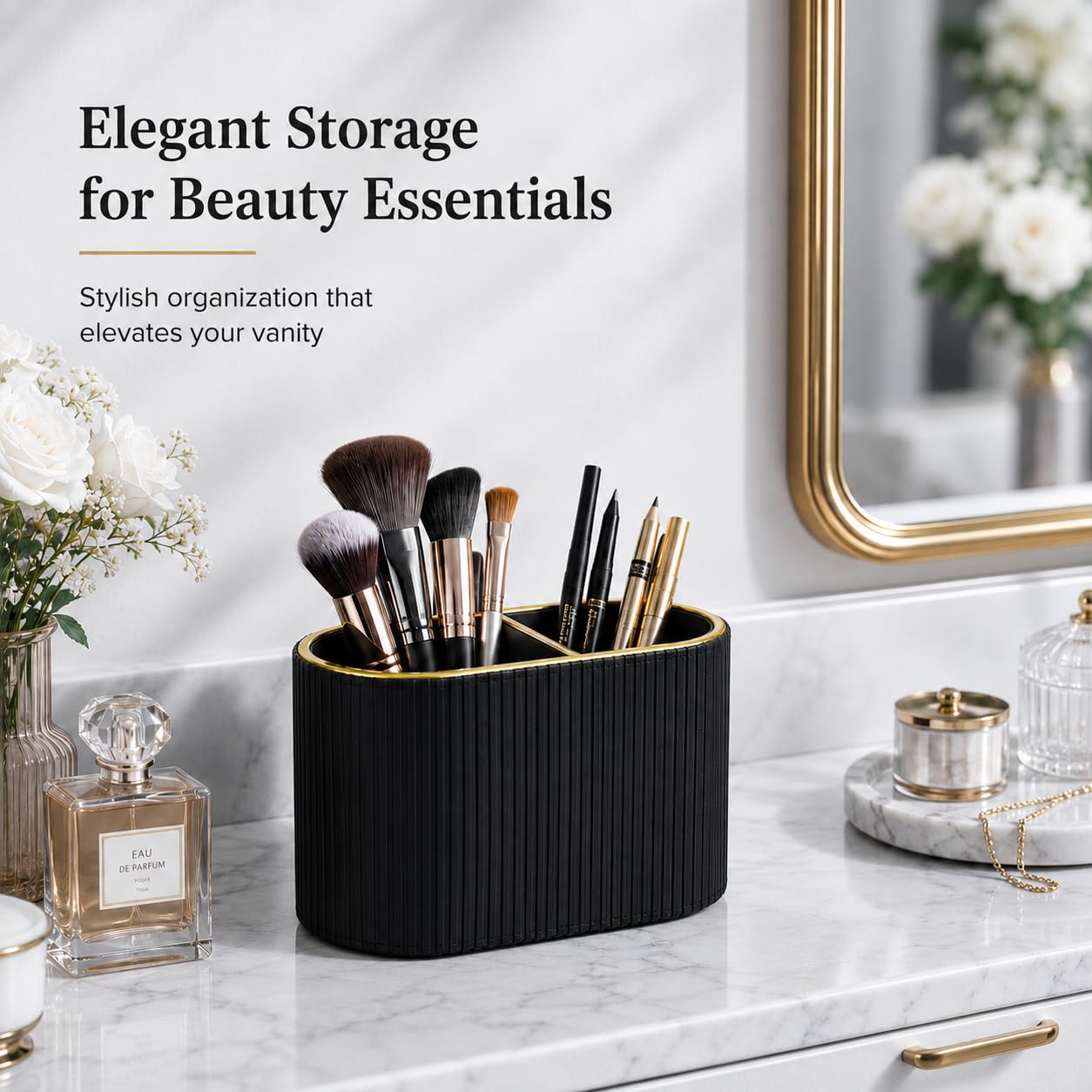 GORESE Organizer per Pennelli da Trucco,Porta Pennelli Make Up Organizzatore di Cosmetici in Pelle Organizer per Trucchi con 2 Scomparti Organizzatore Scrivania per Comò,Bagno,Camera da Letto(Nero)