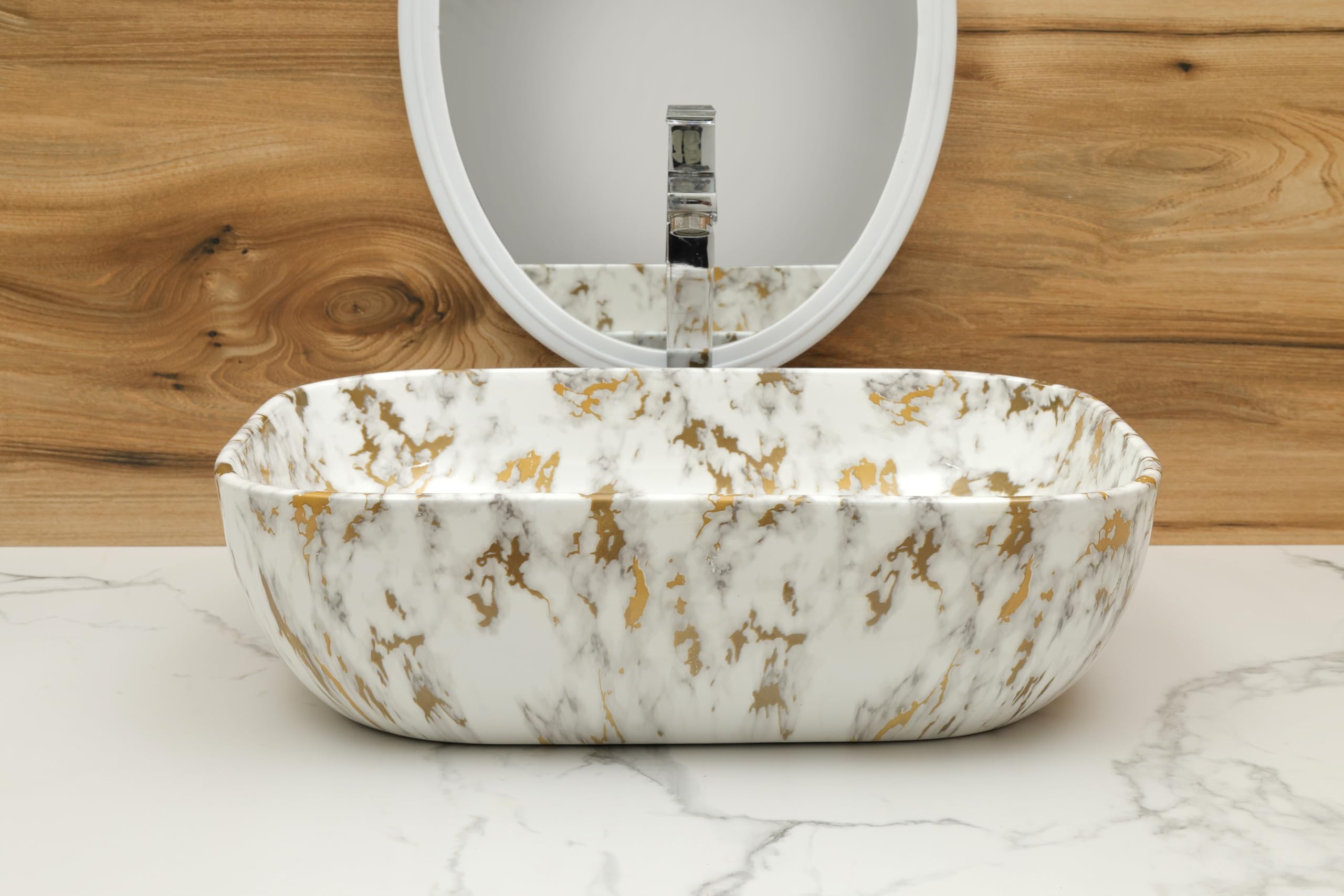 CEREXA Premium Ceramic Tabletop Wash basin | Countertop Vessel Sink | Glossy Finish | Wash Basin Over Counter | Wash Basin For Bathroom (45 x 33 x 13 CM)… (White Golden) (B0D9YJX9KX) Amazon Price History, Amazon Price Tracker
