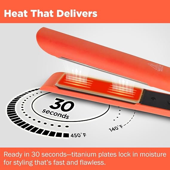 Evalectric Pro Titanium Flat Iron 1.25 Titanium Hair Straightener with Floating Plates - Negative Ion Technology for Frizz-Free Shine - Dual Voltage - Travel Friendly - Peach