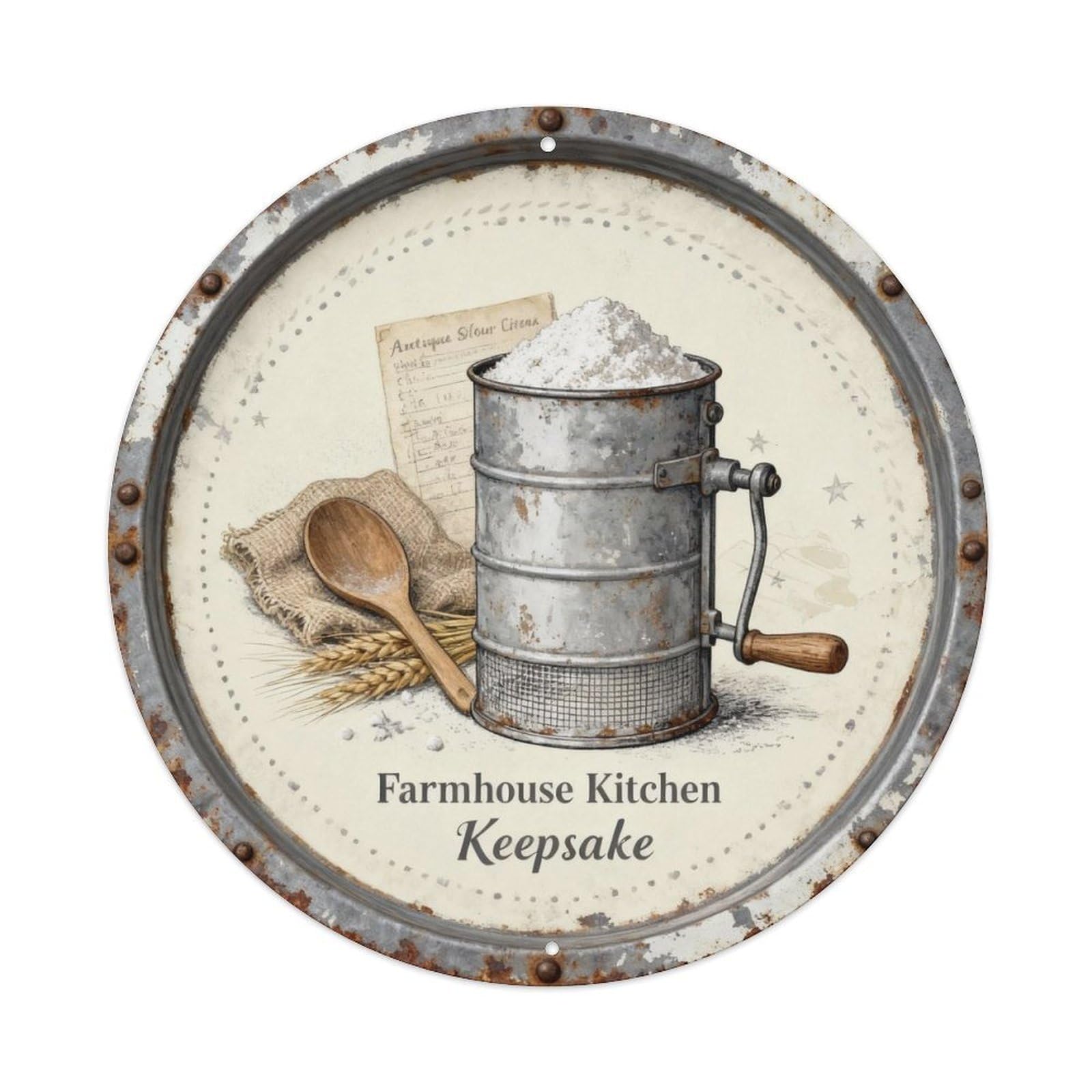 Antique Flour Sifter Crank Metal Tin Sign Plaque