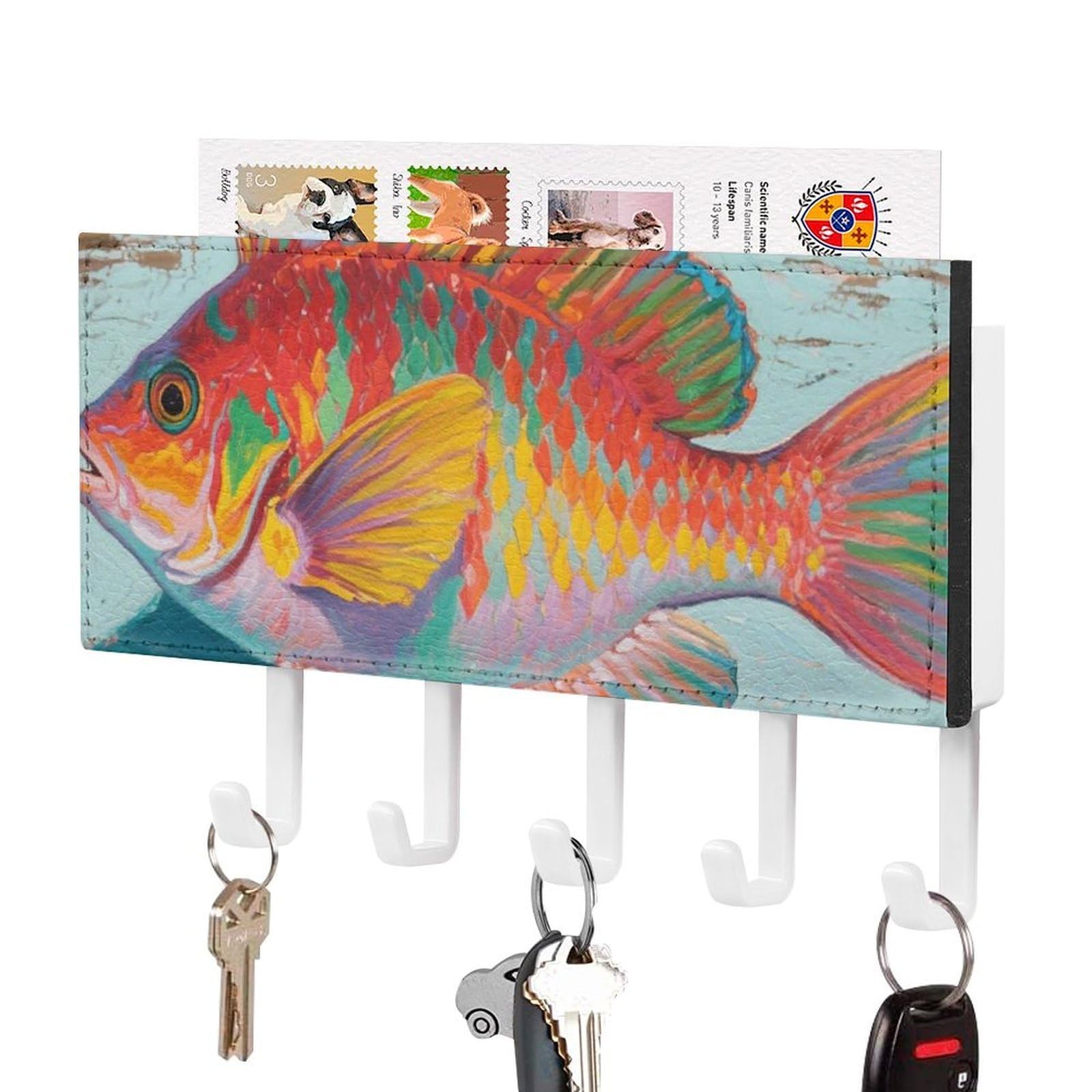 DWVTSLH Fish Key Holder for Wall, Decorative Key Hooks with Mail Organizer & 5 Hooks, Self Adhesive Leather Key Hanger for Entryway, Wall Mounted Key Rack (7.1” X 4.3” X 0.9”)