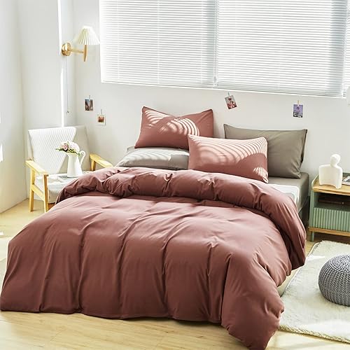 Miniatura 2 de Luxlovery Juego de edredón de 3 piezas para cama individual de color rojo ladrillo, color rojo óxido oscuro, de algodón rojo negruzco, suave,