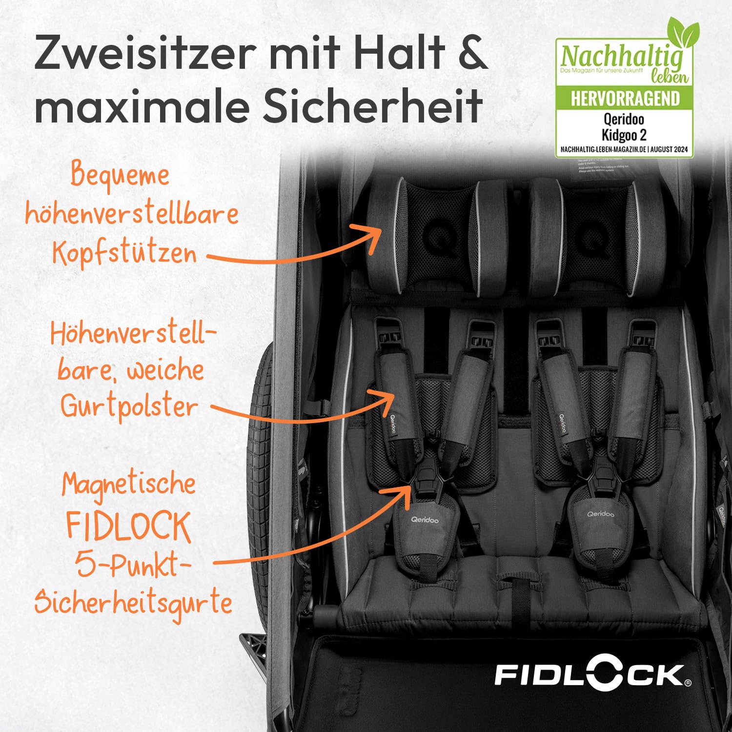 Qeridoo Kidgoo 2 FIDLOCK Edition | Kinderfahrradanhänger 2 Kinder | Fahrrad Anhänger mit Federung & FIDLOCK Gurtsystem | Jogger Kinderwagen | Fahrradanhänger klappbar | Kinderbuggy 45L | Bike Trailer