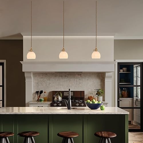 Miniatura 70 de Lámpara colgante con pantalla de cristal ámbar Scindapsus de cristal, lámpara colgante vintage de latón, luz colgante ajustable para cocina, isla