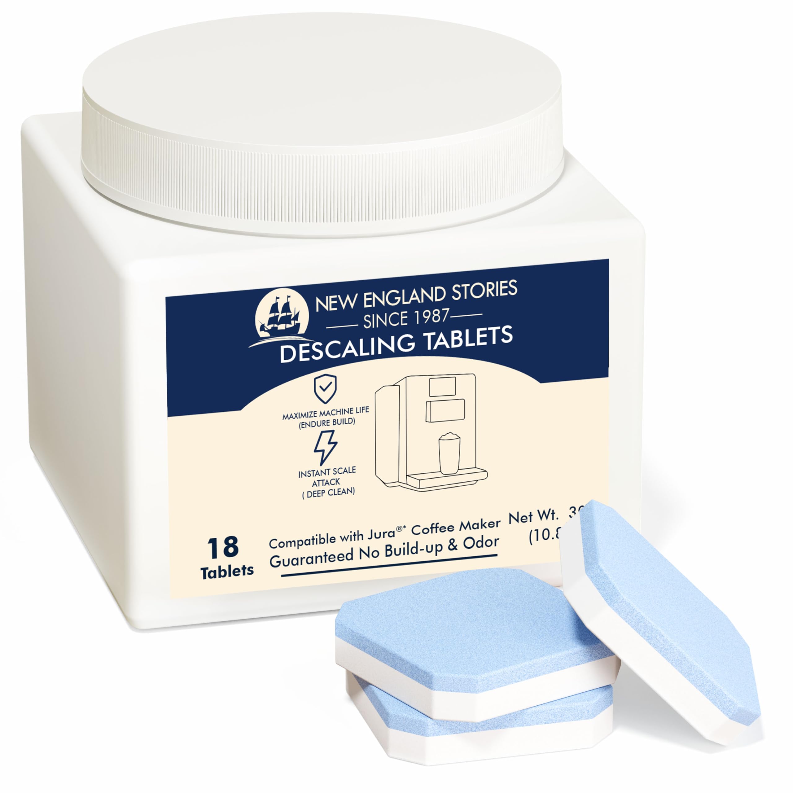 New England Stories Jura Compatible Descaling Tablets 18-Pack - Remove Limescale & Calcium, Improve Coffee Taste for Coffee Machines