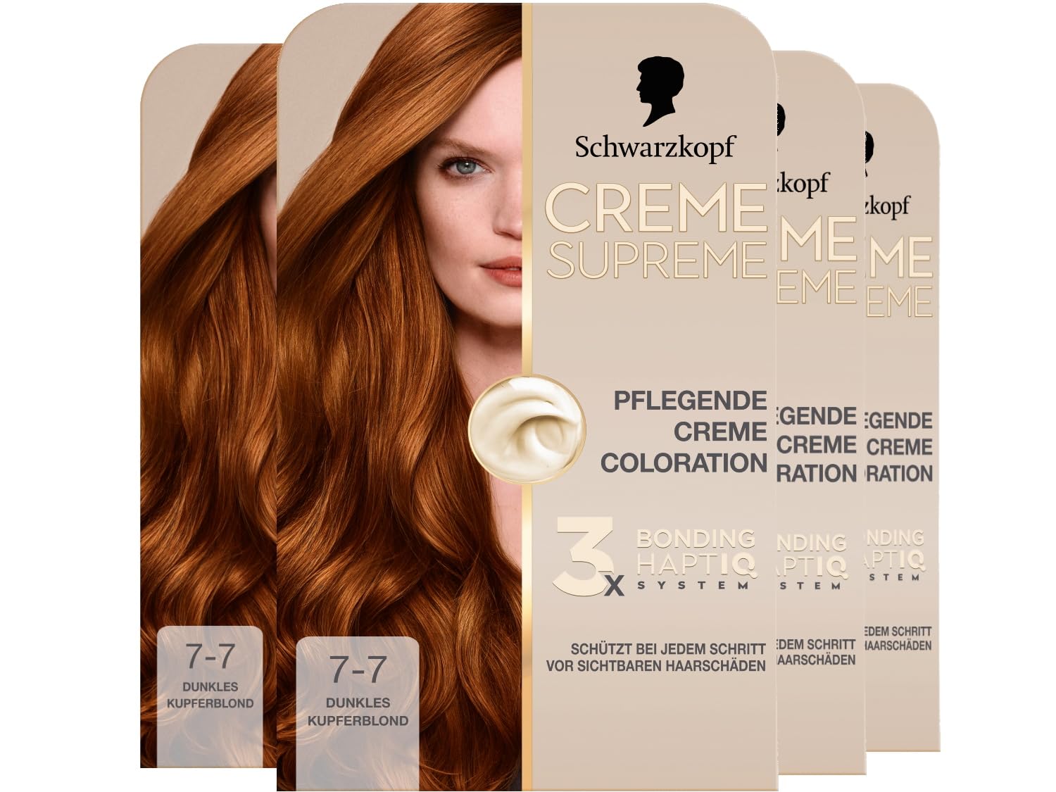 Schwarzkopf Creme Supreme Coloration 7 – 7 rubio cobre oscuro (4 x 182 ml), coloración permanente con suero y mascarilla para el cabello, protege contra daños visibles, para una cobertura 100% de