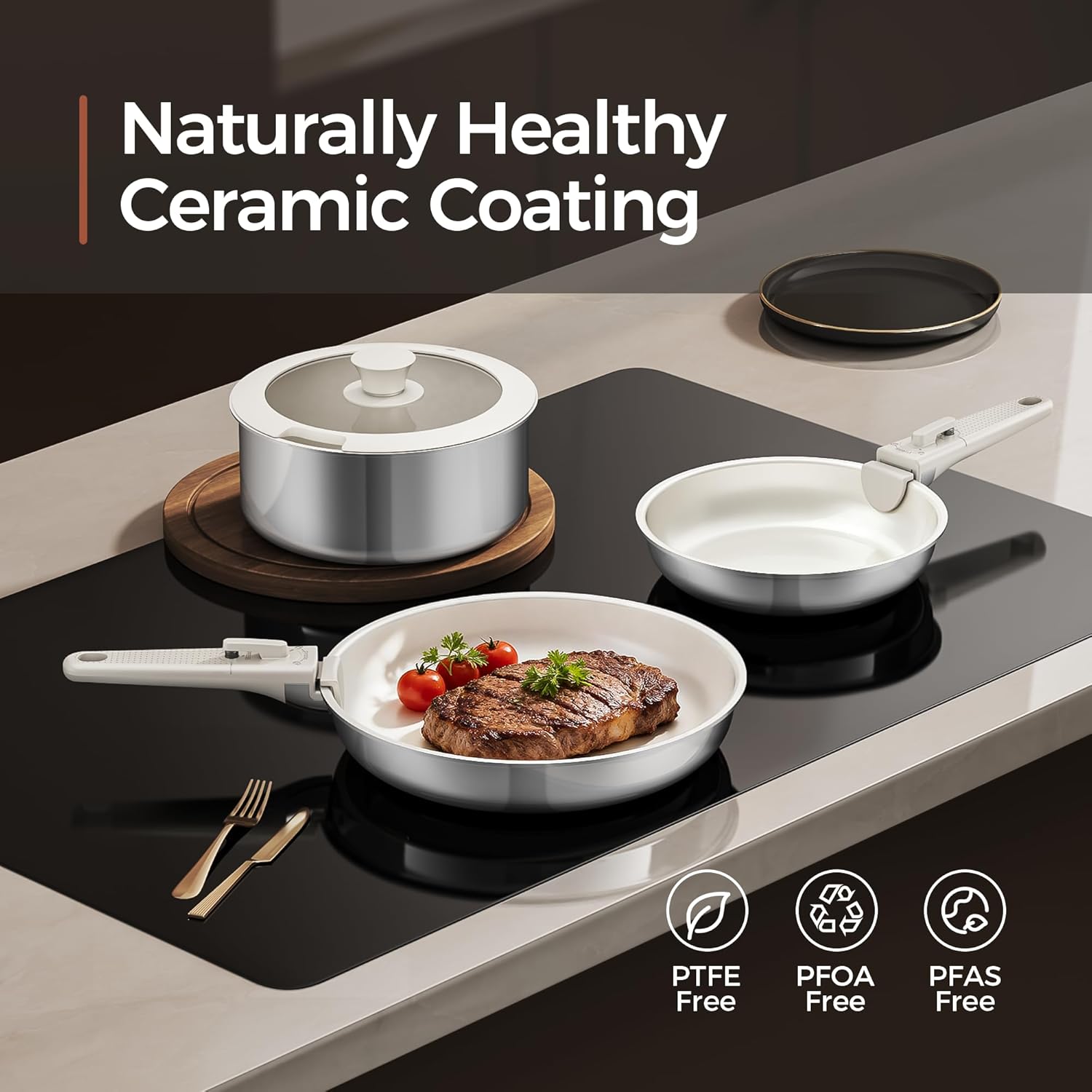 16pcs Nonstick Cookware Set, Diamond-Titanium Ceramic Coating & 3 Layer Stainless Steel Pots and Pans Set with Detachable Handle, Dishwasher Safe, Induction Compatible, Oven Safe, White