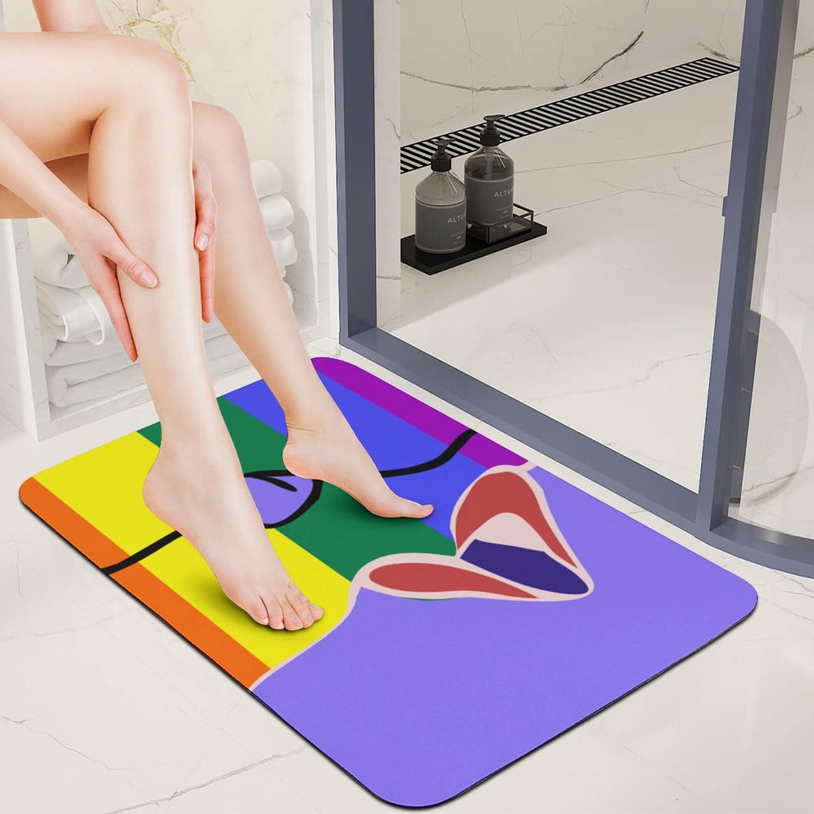 Juego de cortinas de ducha Rainbow Kiss de 4 piezas con alfombrilla para baño