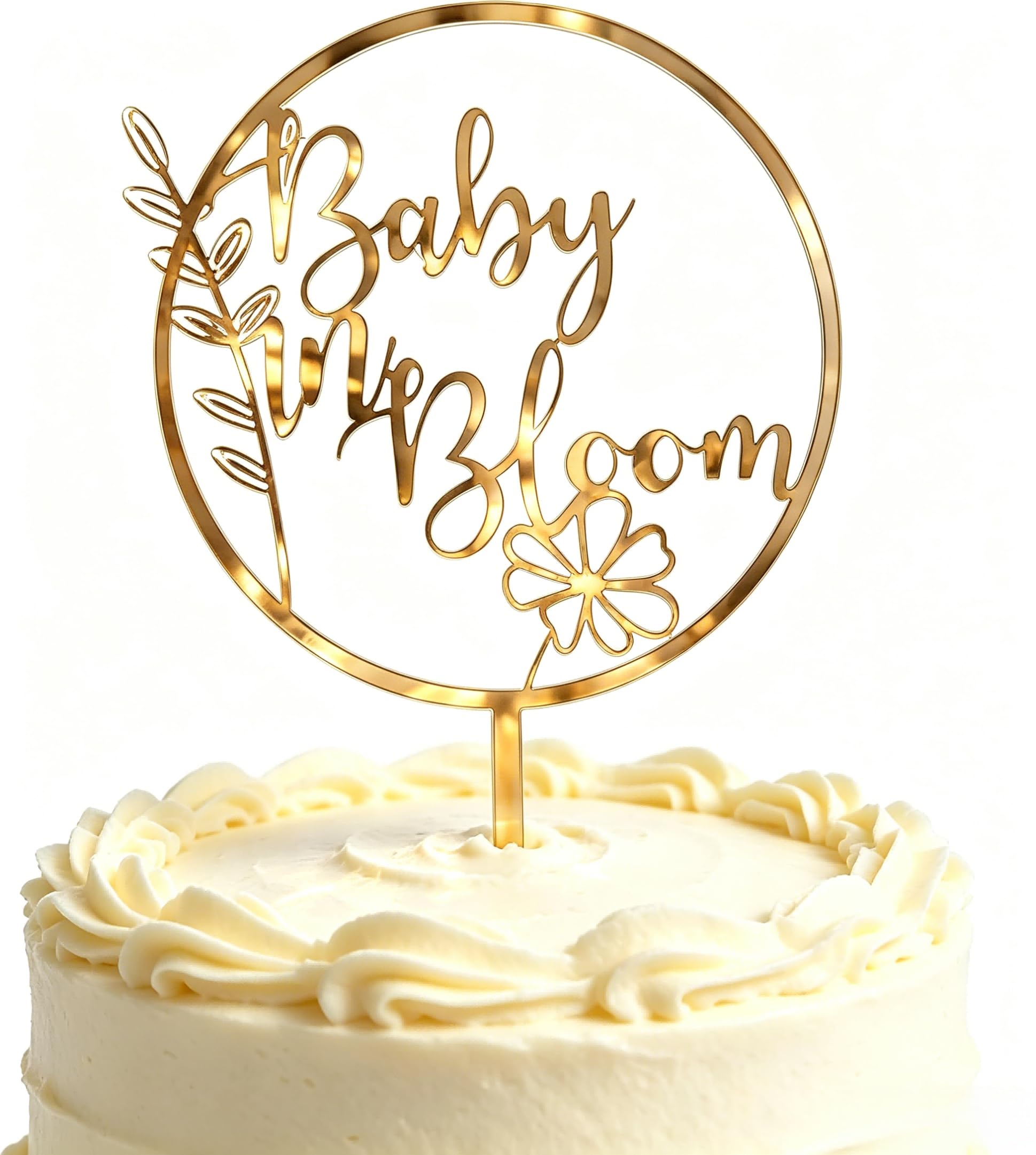 Samyosaien Baby Shower Cake Topper, Baby in Bloom Acrylic Cake Topper with Grass & Flower Design, Golden Cake Decorations for Gender Reveal Party, Baby Shower, Boy or Girl Celebration