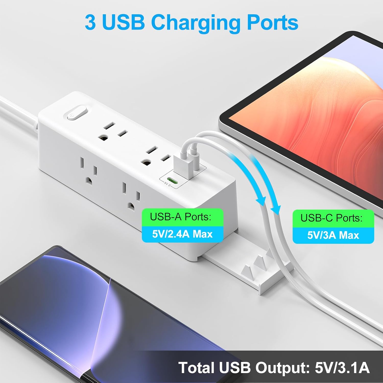 HITRENDS - Power Strip with Switch, Equipped with A Device Card Slot Multi Plug Extension Cord, 2 Type-C and 1 USB-A 3 Sided Outlet Extender, Suitable for Use in Homes, Offices, Travel, Dormitories