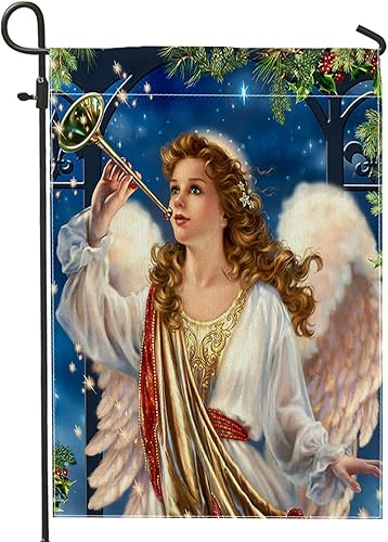 Bandera de jardín de ángel de Navidad, árbol vintage, campana, estética, clásica, de lino azul, decoración de fiesta, decoración de césped, bandera
