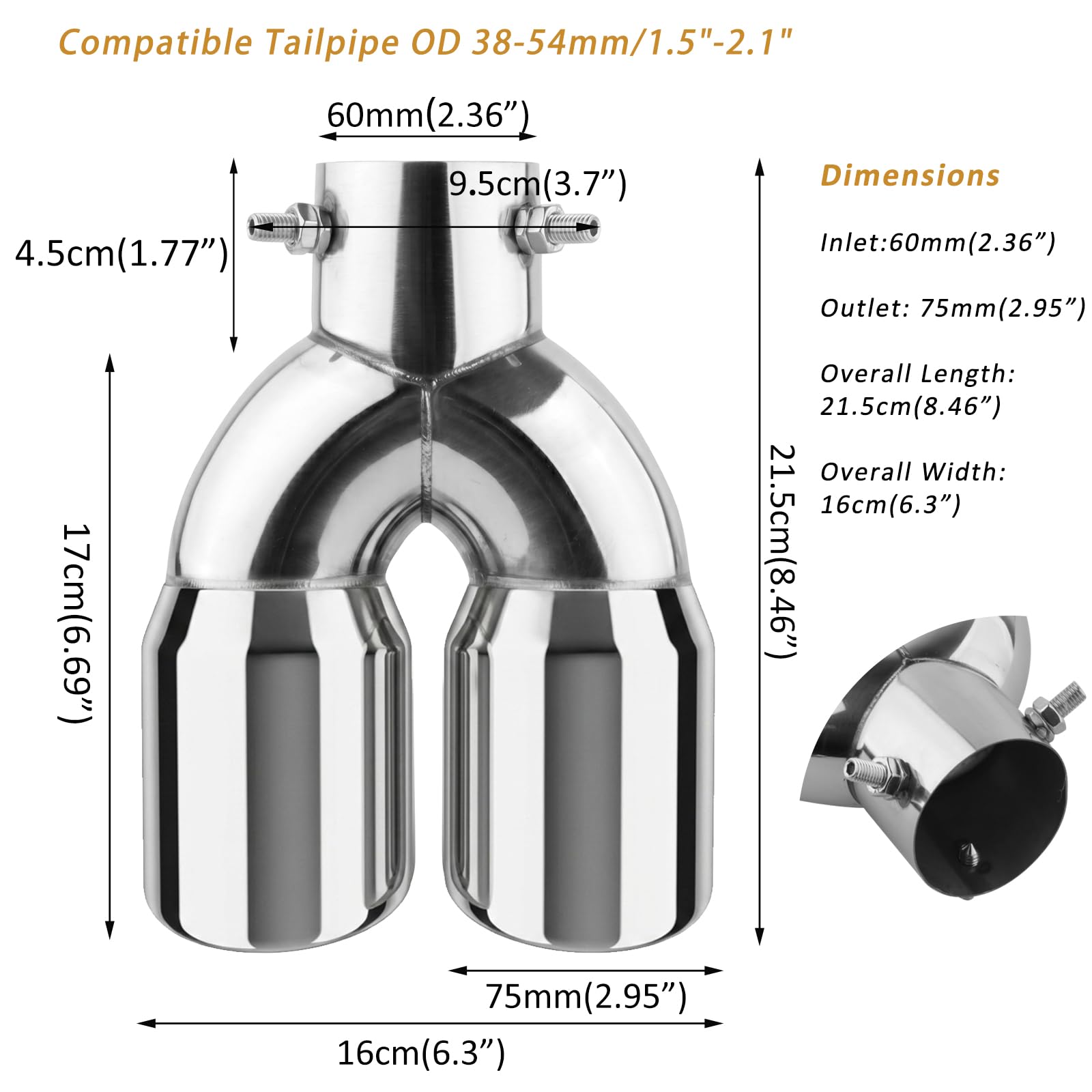 Catekro 38-54mm Cola de Escape Coche, Acero Inoxidable Doble Salida Embellecedor para Tubo de Escape Punta de Exterior Universal Ajustable con Tornillo para Diésel&Gasolina Coche (Plateado Brillante)
