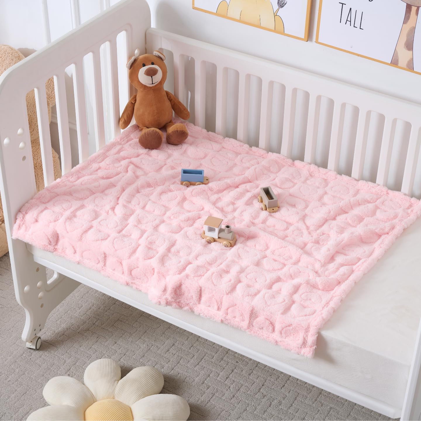 4 Pcs Baby Blankets,Fleece Heart Checkered Blanket, Cozy and Fluffy Crib Blankets for Girls, Toddler Receiving Blankets 30×40 Light Pink Sakura Pink White Grey