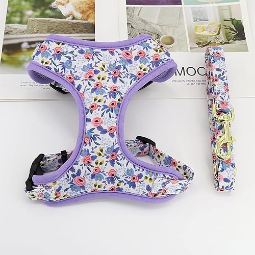Miniatura 5 de Beirui Juego de arnés y correa para perro con bonito diseño floral, arnés de malla suave ajustable para perro con correa de 5 pies para cachorros