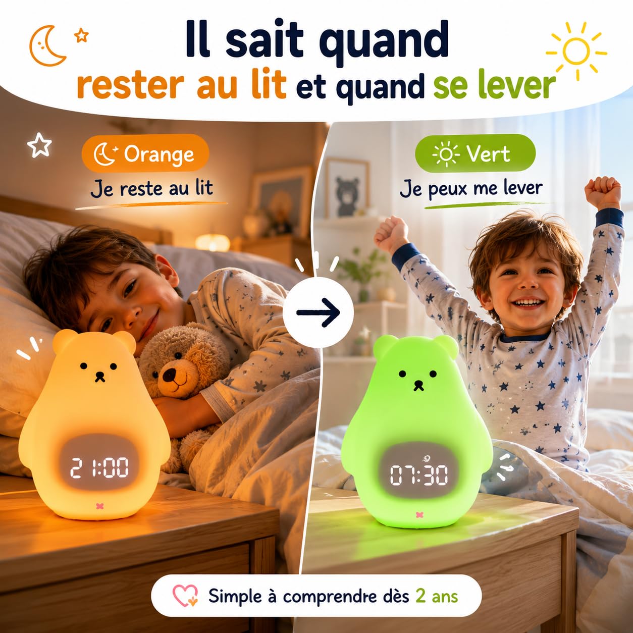 Kemi Sveglia educativa e luminosa giorno/notte con luce LED - Controllo app iOS/Android - Ricaricabile - Apprendimento del sonno - Ragazza & Ragazzo