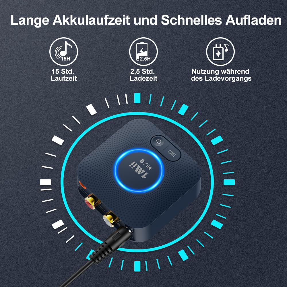 1Mii Bluetooth 5.3 Empfänger für Stereoanlage, HiFi Kabelloser Audio Adapter mit aptX HD & Low Latency, 3,5mm-Klinke & Cinch, 15 Std. Akkulaufzeit, 3D Surround