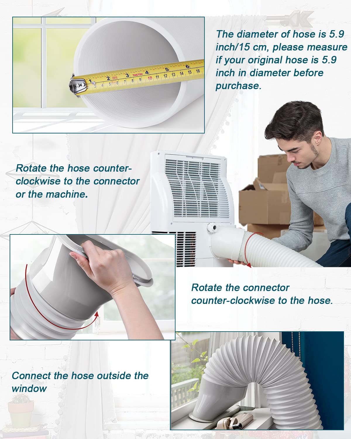 TOPOWN Tuyau Climatiseur Mobile 2m, Tuyau d'évacuation Climatiseur de 5,9 Pouces de Diamètre et 200cm de Longueur, Rallonge Gaine Climatiseur Mobile en Matièrè PP