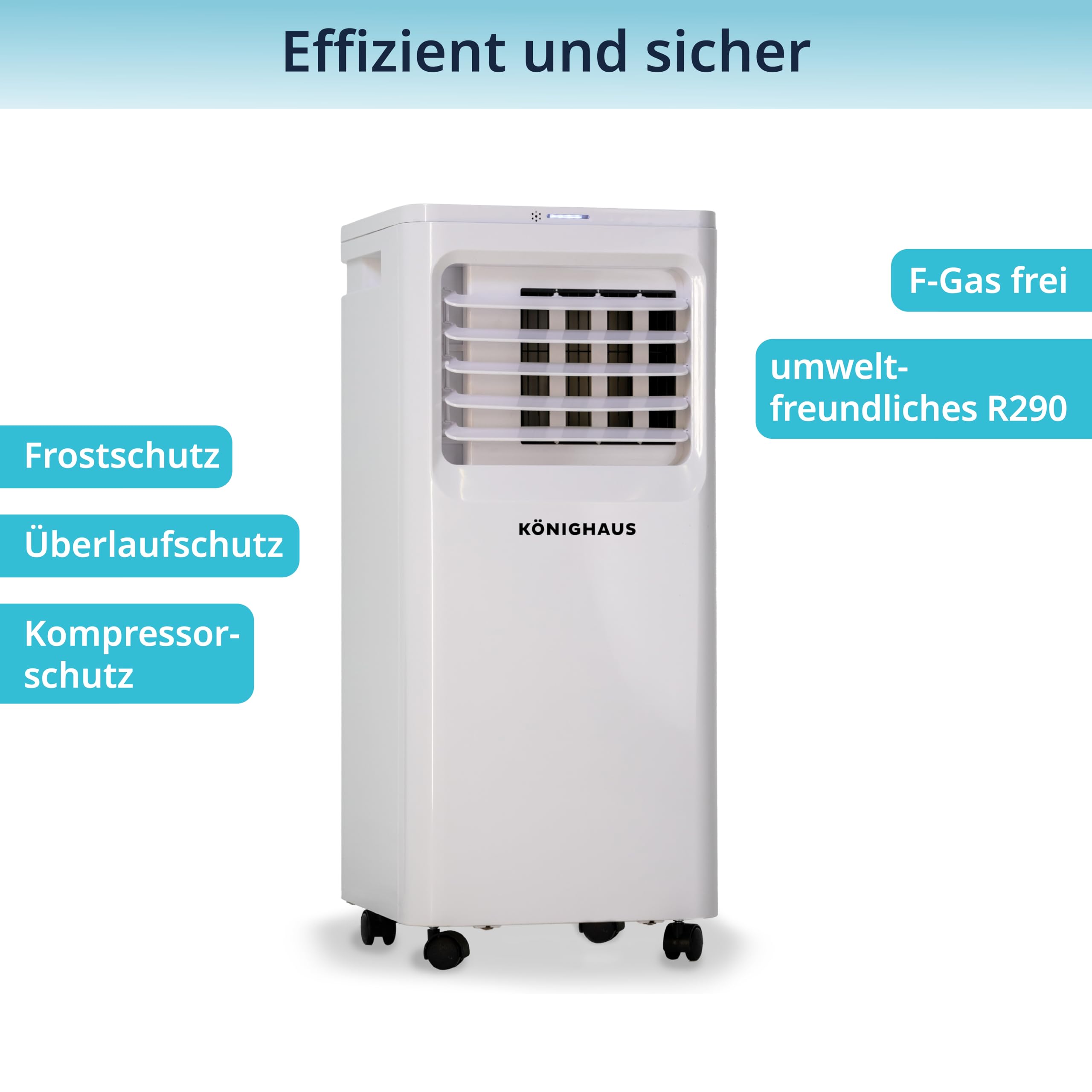 Könighaus Smarte Mobile Klimaanlage 9000 BTU für Räume bis 20m² - 4-in-1 | Kühlung, Entfeuchtung, Ventilator und Luftreinigung – energieeffizient (A) – inkl. Fernbedienung und App-Steuerung