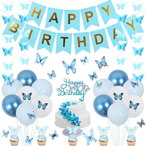 Decoraciones de cumpleaños de mariposa azul para niña, 40 unidades, pancarta de feliz cumpleaños, guirnaldas colgantes de mariposas, decoración de
