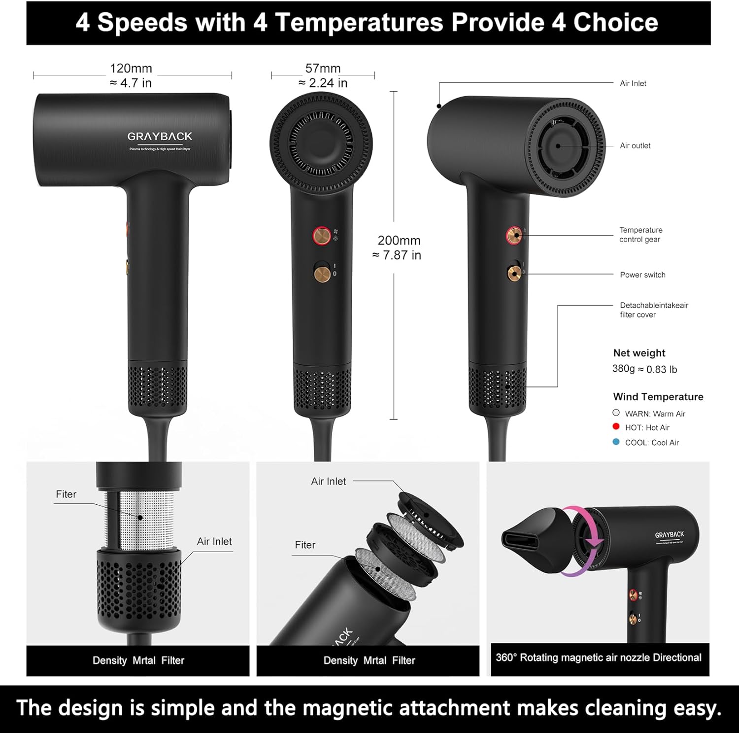 Grayback High-Speed Brushless Motor Ionic Hair Dryer, Metallic Body,130000 RPM Travel Blow Dryer, Low Noise Thermo-Control, Magnet Nozzle, Black