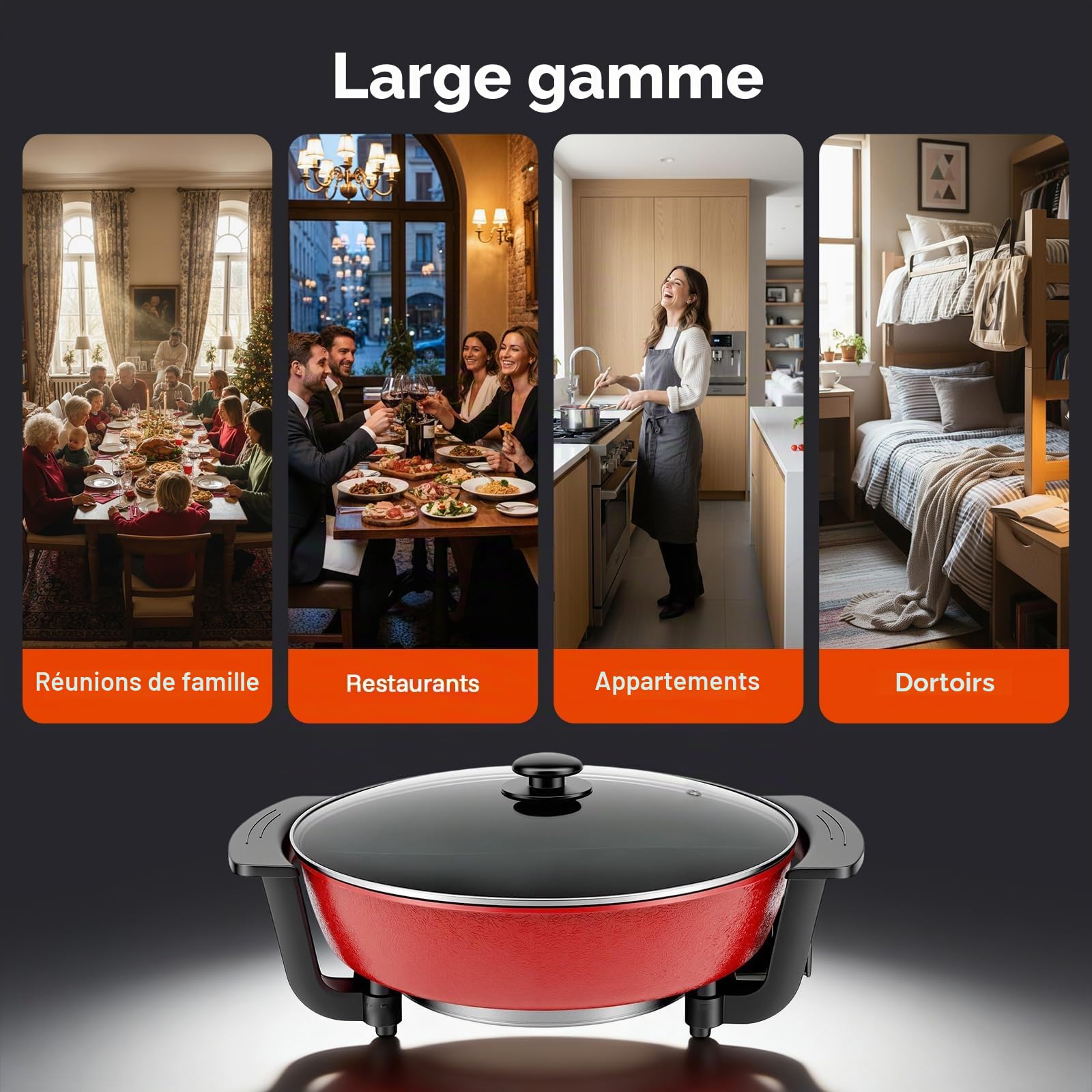 1360 W 6l Faitout électrique avec séparateur, Température réglable, Avec couvercle en verre, Prend en charge différentes méthodes de préparation, y compris la friture, la cuisson et la
