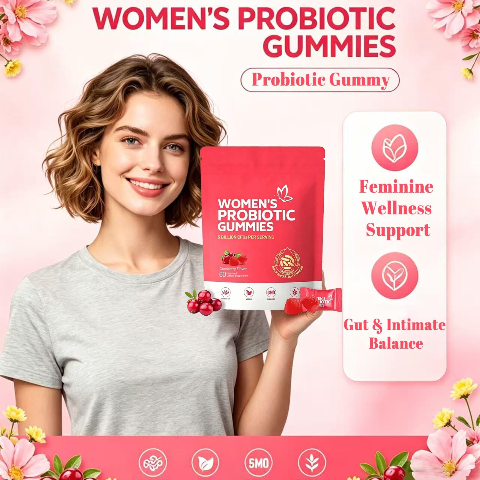 Gominolas Probióticas para Mujeres - 60 Unidades | Soporte Íntimo con Prebióticos y Arándano Rojo | Promueve Equilibrio de pH, Equilibrio de Levaduras y Salud Inmunológica | Refresca el Olor Íntimo
