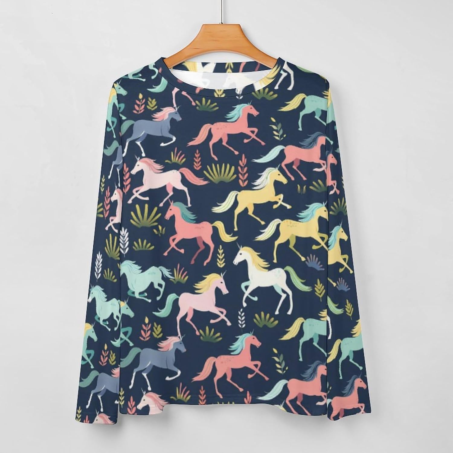 Horses Pattern Women's Pajama Top Sleepwear Pajamas Sleep T-Shirt Long Sleeve Shirt Crewneck Tee