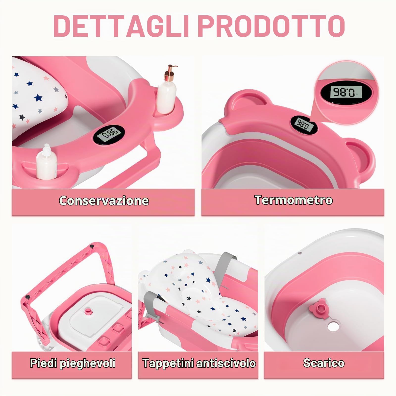 Itslife Vasca da Bagno per Bambini, Vasca da Bagno da Viaggio Portatile, Vasca Bagnetto Neonato Pieghevole con Cuscino di Supporto, Adatta per Neonati da 0 a 36 Mesi Rosa